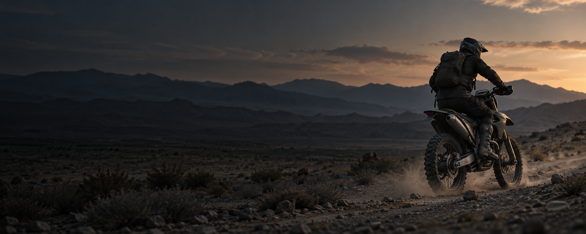 Off-road rider on a desert trail at dusk