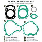 Six-piece VICTECH 5861 gasket identification guide for Honda CRF250F 2019–2025: cylinder head, cylinder base, cam chain tensioner, exhaust, clutch cover and magneto cover.
