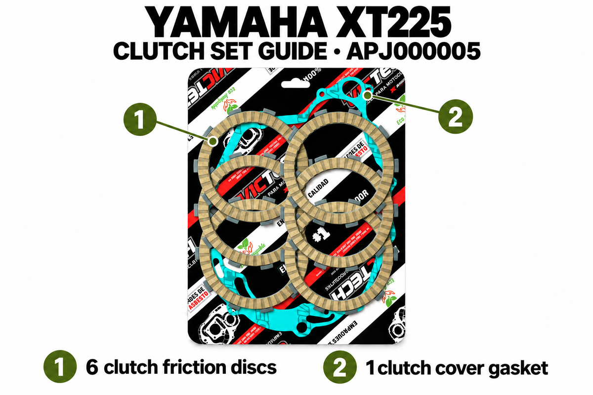Yamaha XT225 clutch set guide: 1 six friction discs; 2 one clutch cover gasket — APJ000005