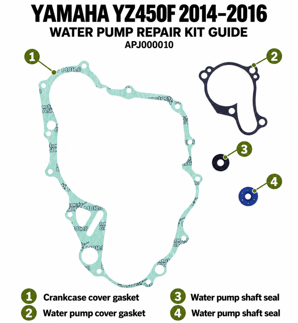 APJ000010 VE10095000004 Yamaha YZ450F 2014–2016 — 1 crankcase cover gasket, 2 water pump cover gasket, 3 black shaft seal, 4 blue shaft seal