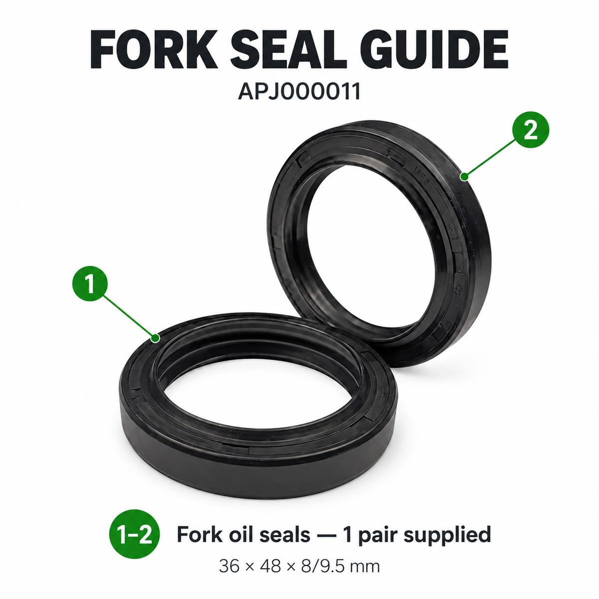 APJ000011 numbered guide: two fork oil seals, one pair supplied; 36 × 48 × 8/9.5 mm.
